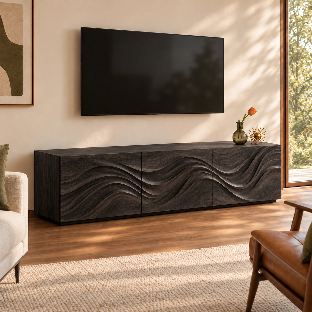 TV Stand with Wave-Carved Natural Solid Wood Cabinet Doors in Six Sizes - Woodenecho - 7