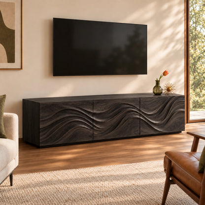 TV Stand with Wave-Carved Natural Solid Wood Cabinet Doors in Six Sizes - Woodenecho - 7