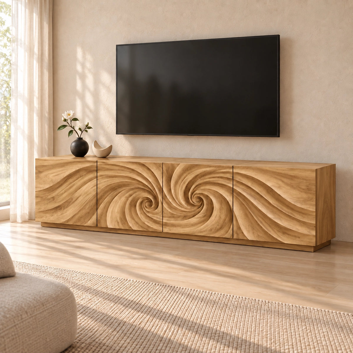 TV Stand with Wave-Carved Natural Solid Wood Cabinet Doors in Six Sizes - Woodenecho - 8