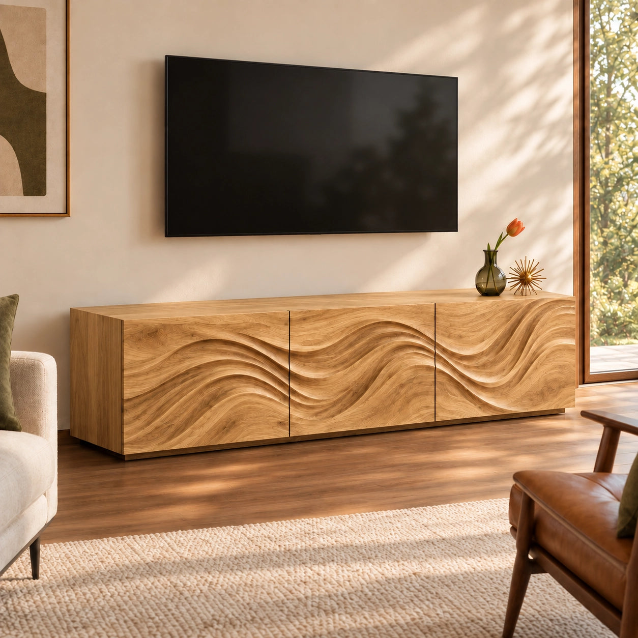 TV Stand with Wave-Carved Natural Solid Wood Cabinet Doors in Six Sizes - Woodenecho - 8