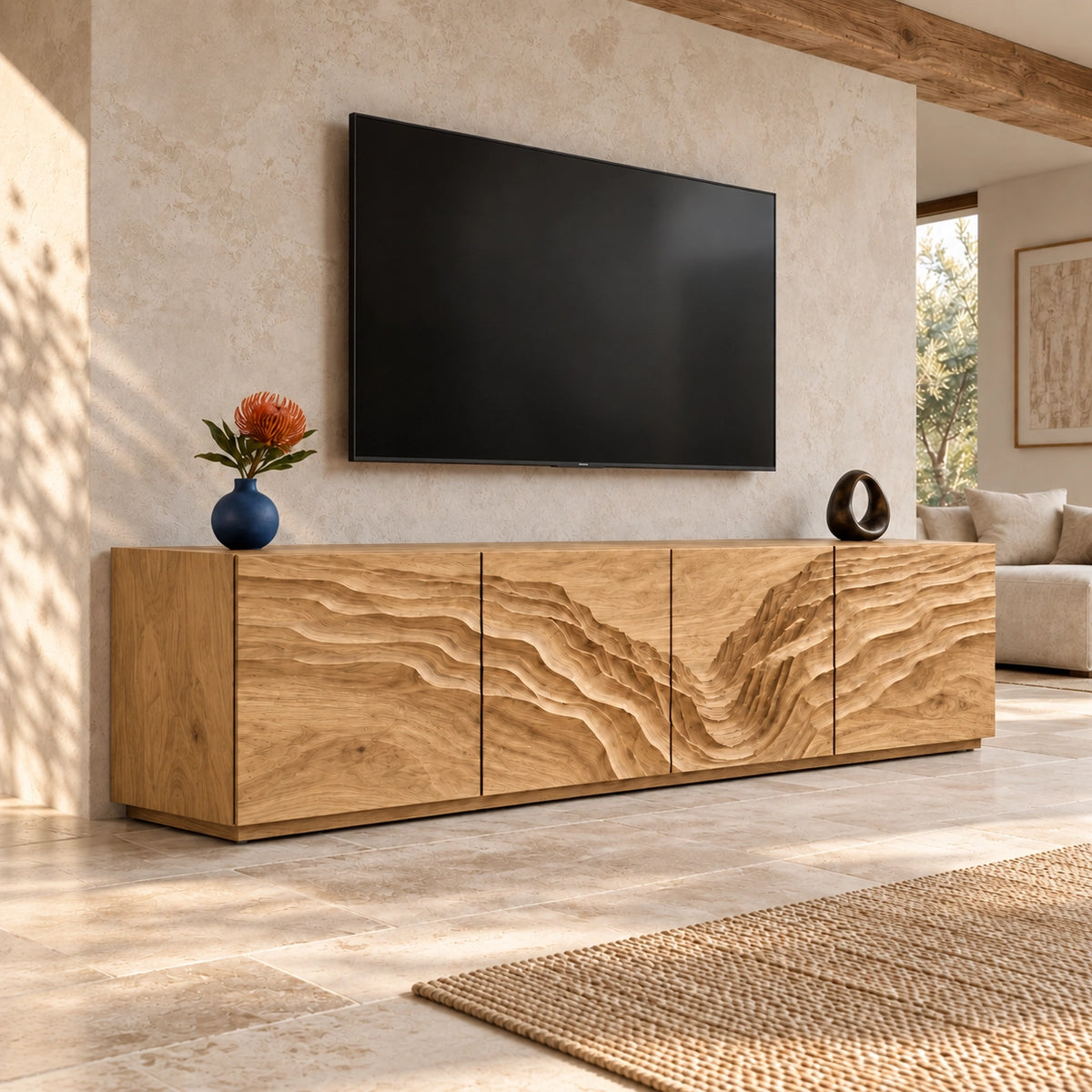 TV Stand with Wave-Carved Natural Solid Wood Cabinet Doors in Six Sizes - Woodenecho - 8