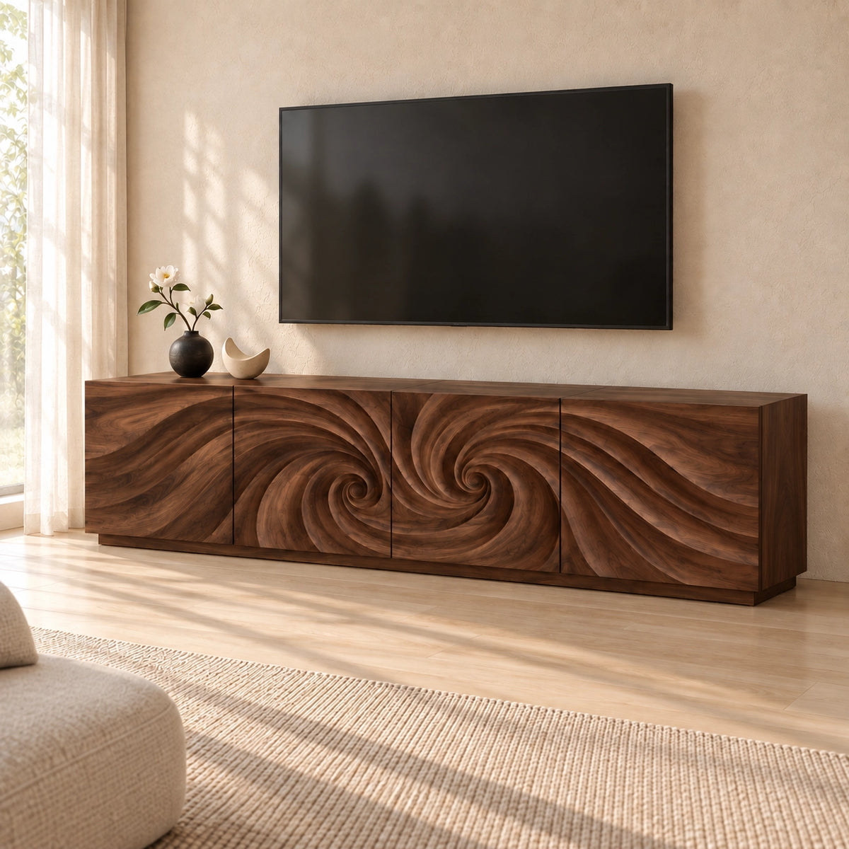 TV Stand with Wave-Carved Natural Solid Wood Cabinet Doors in Six Sizes - Woodenecho - 9