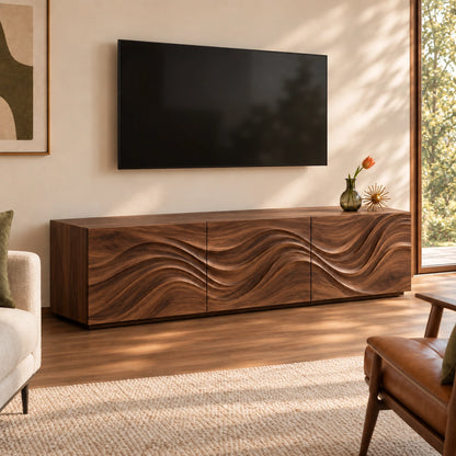TV Stand with Wave-Carved Natural Solid Wood Cabinet Doors in Six Sizes - Woodenecho - 9