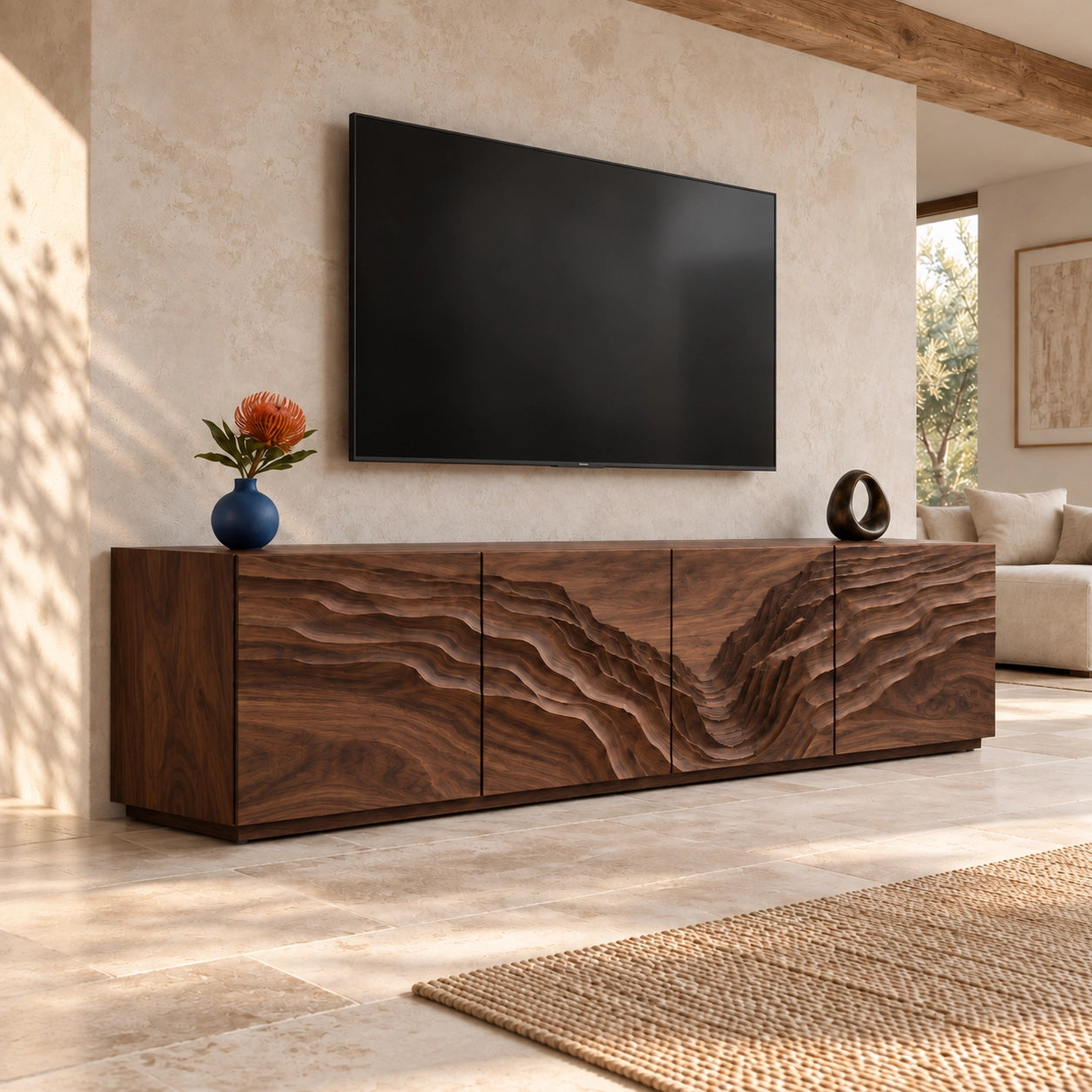 TV Stand with Wave-Carved Natural Solid Wood Cabinet Doors in Six Sizes - Woodenecho - 9