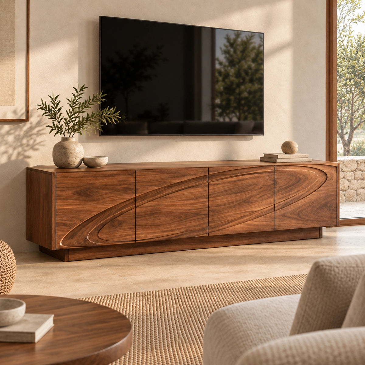 TV Stand with Wave-Carved Natural Solid Wood Design in Six Sizes. - Woodenecho - 1