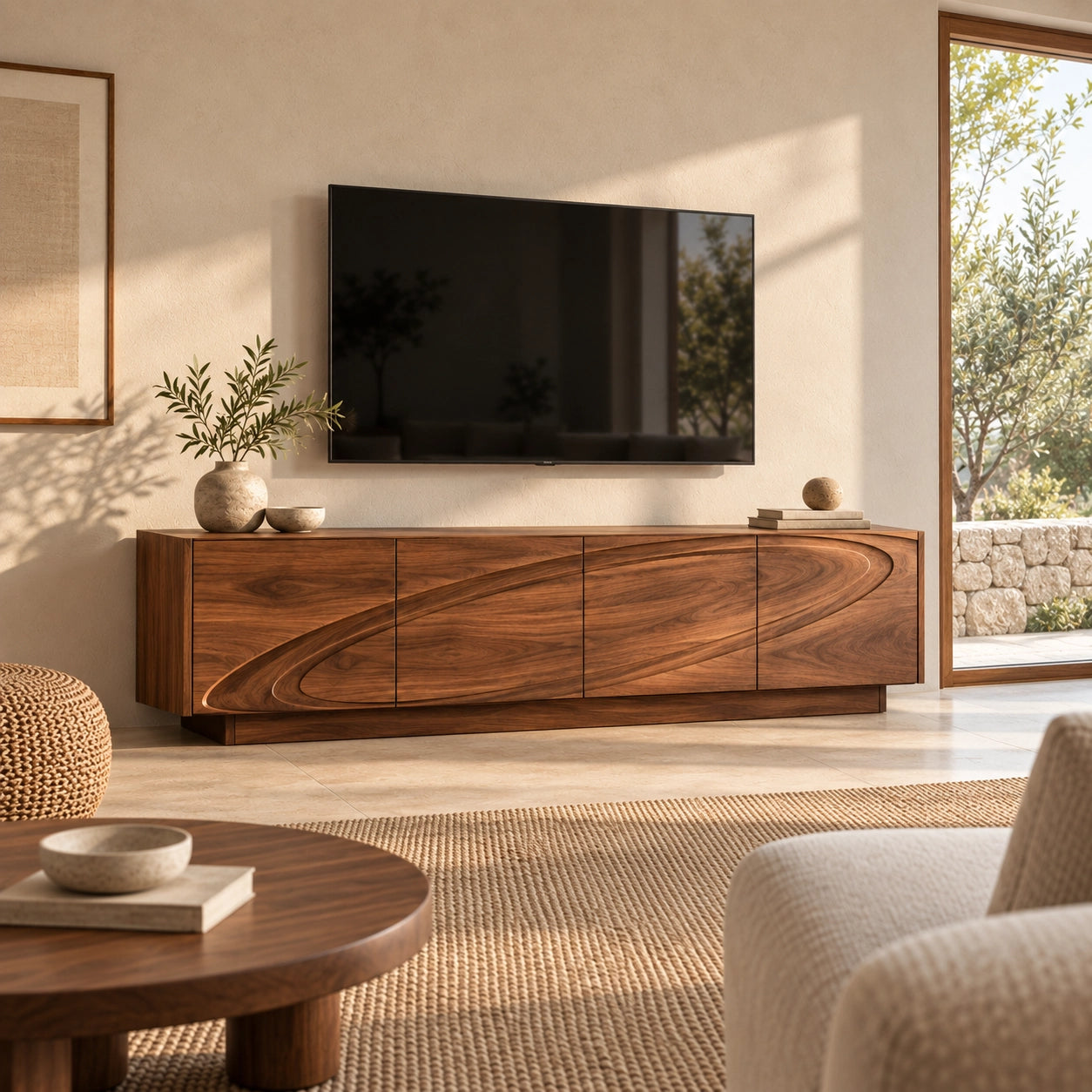 TV Stand with Wave-Carved Natural Solid Wood Design in Six Sizes. - Woodenecho - 2