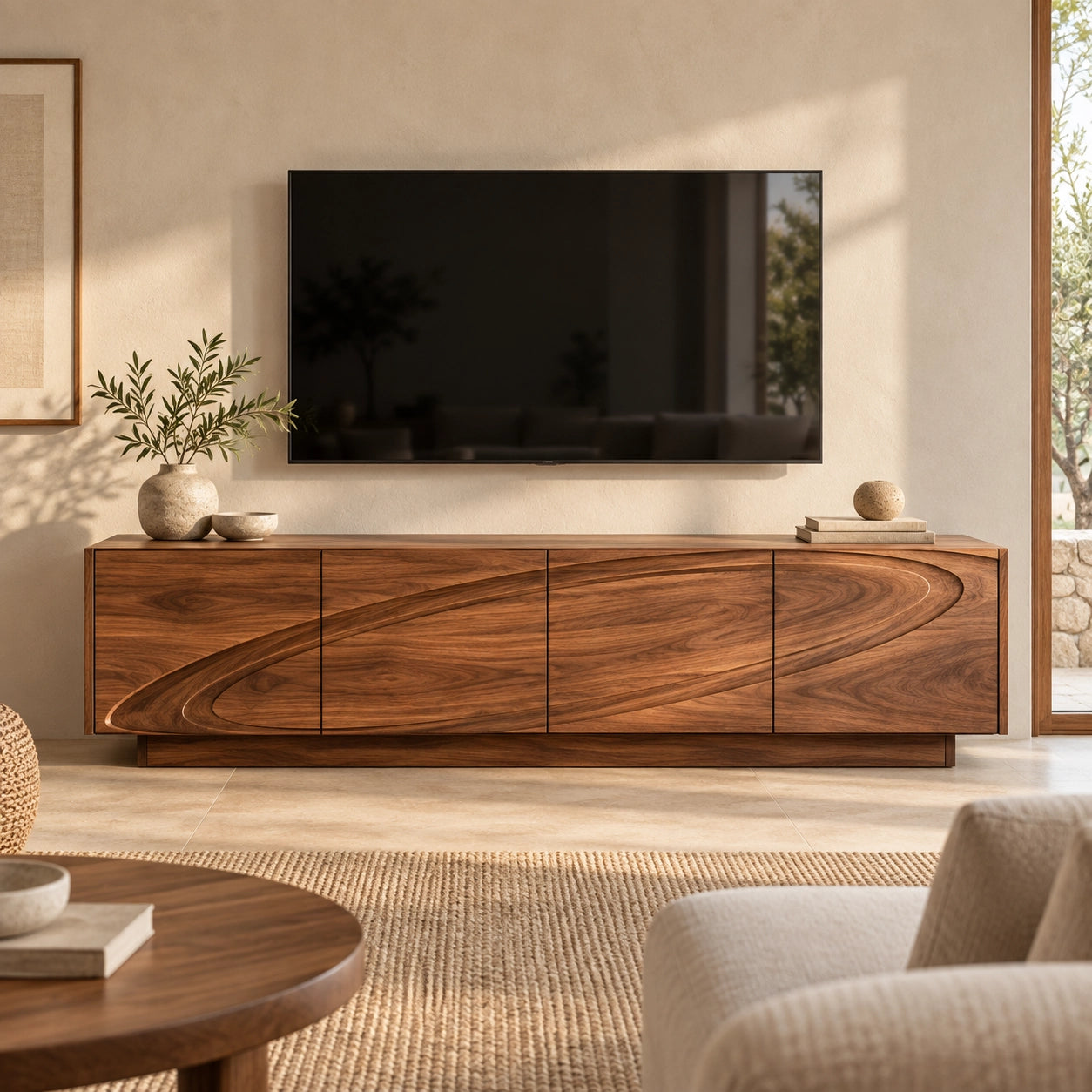 TV Stand with Wave-Carved Natural Solid Wood Design in Six Sizes. - Woodenecho - 3