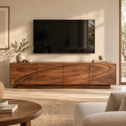 TV Stand with Wave-Carved Natural Solid Wood Design in Six Sizes. - Woodenecho - 3