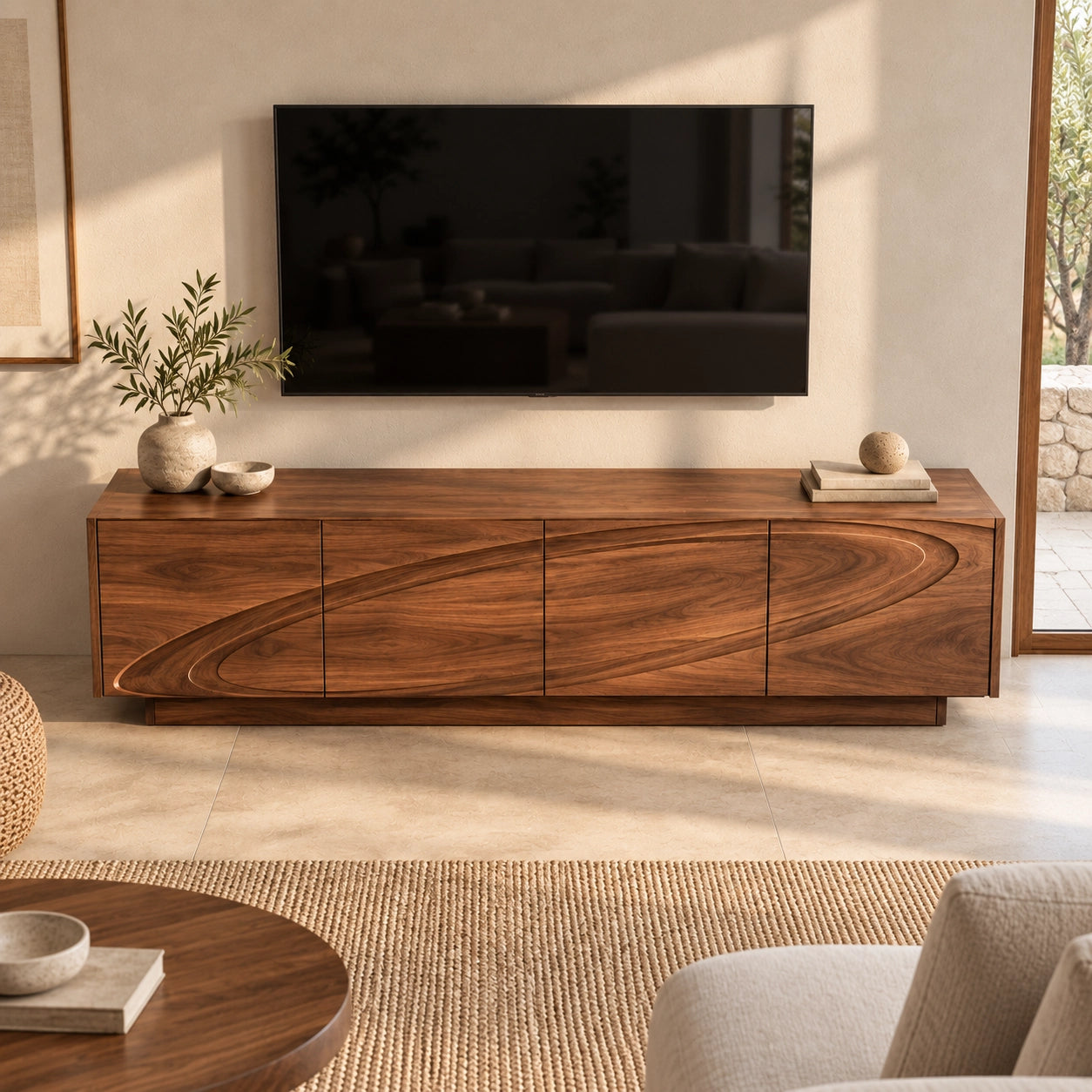 TV Stand with Wave-Carved Natural Solid Wood Design in Six Sizes. - Woodenecho - 4