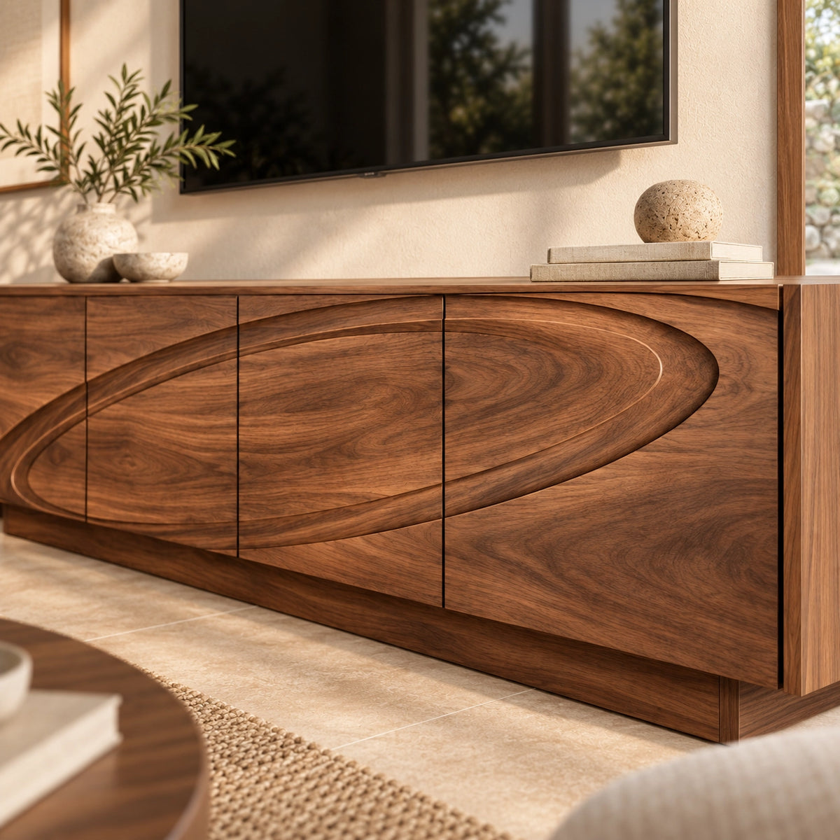 TV Stand with Wave-Carved Natural Solid Wood Design in Six Sizes. - Woodenecho - 5