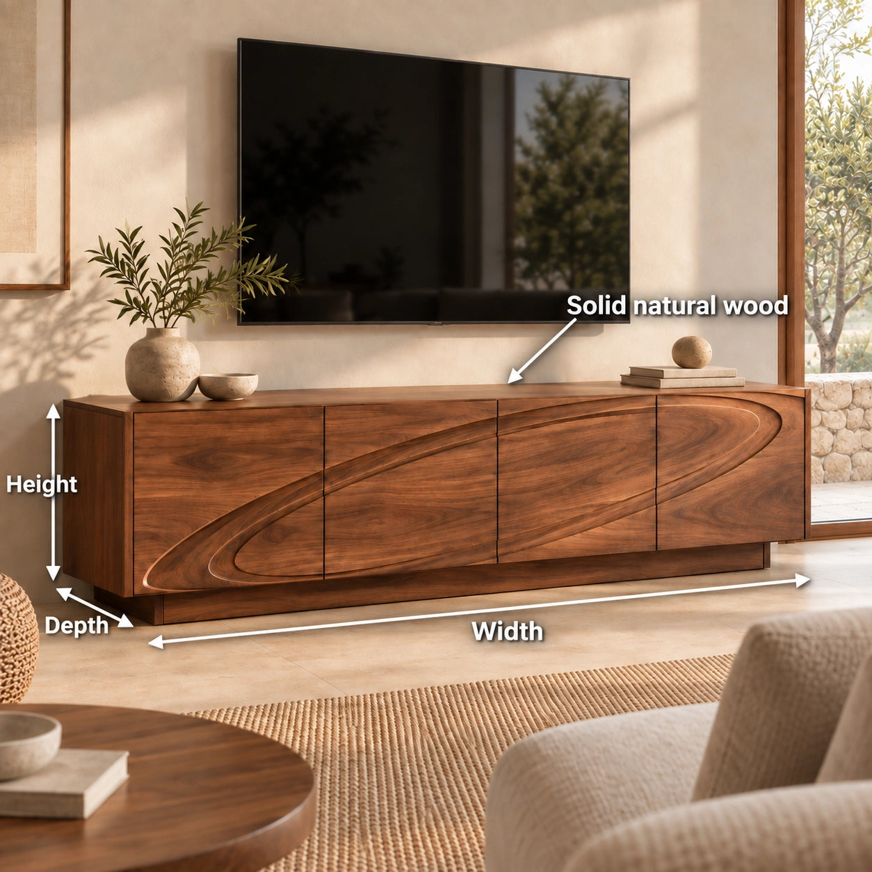 TV Stand with Wave-Carved Natural Solid Wood Design in Six Sizes. - Woodenecho - 6