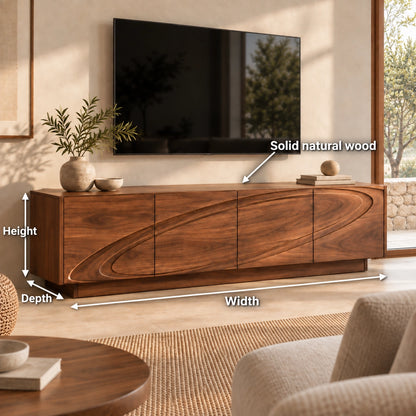 TV Stand with Wave-Carved Natural Solid Wood Design in Six Sizes. - Woodenecho - 6