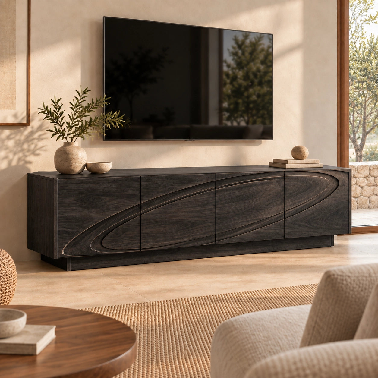 TV Stand with Wave-Carved Natural Solid Wood Design in Six Sizes. - Woodenecho - 7