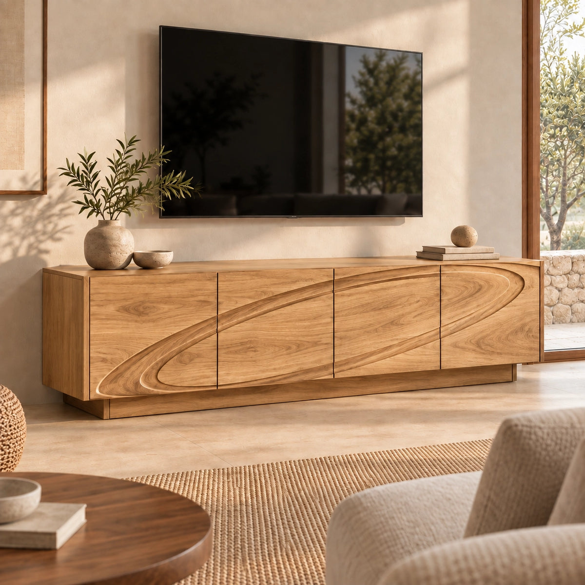 TV Stand with Wave-Carved Natural Solid Wood Design in Six Sizes. - Woodenecho - 8