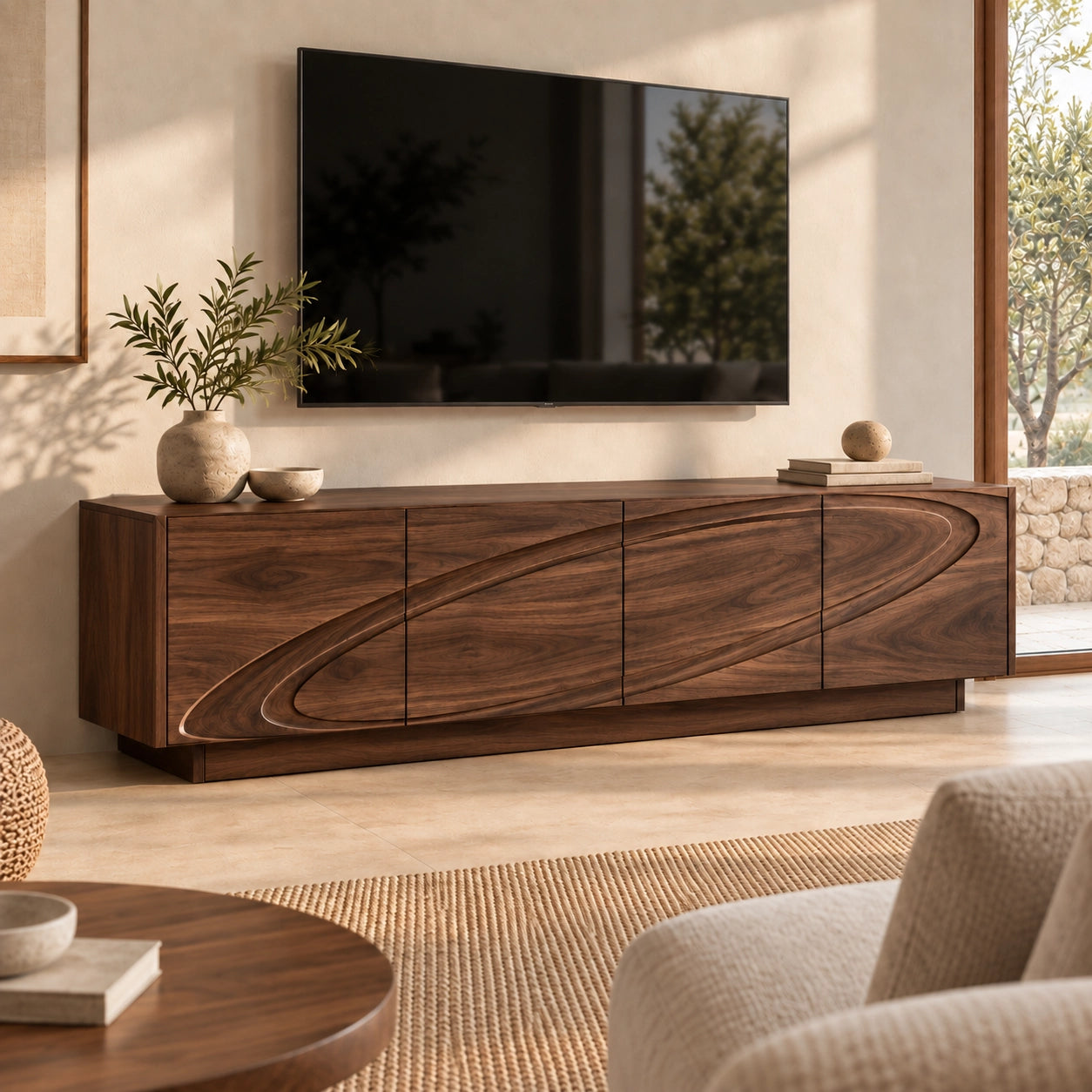 TV Stand with Wave-Carved Natural Solid Wood Design in Six Sizes. - Woodenecho - 9