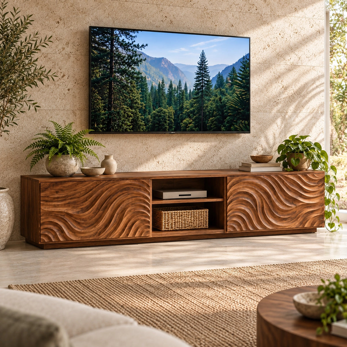 TV Stand with Wave-Carved Natural Solid Wood Storage Doors in Six Sizes - Woodenecho - 1