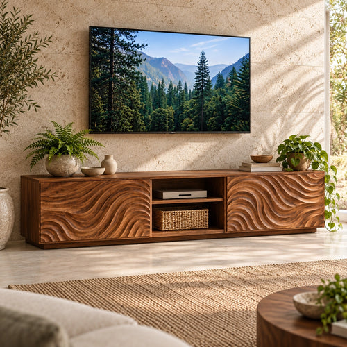 TV Stand with Wave-Carved Natural Solid Wood Storage Doors in Six Sizes - Woodenecho - 1
