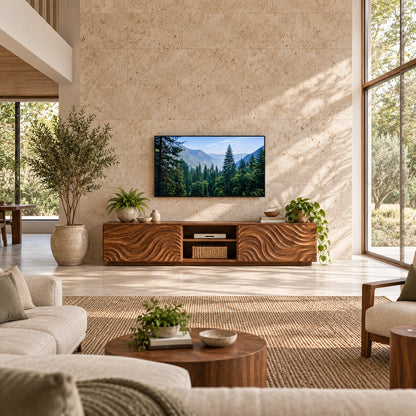 TV Stand with Wave-Carved Natural Solid Wood Storage Doors in Six Sizes - Woodenecho - 2