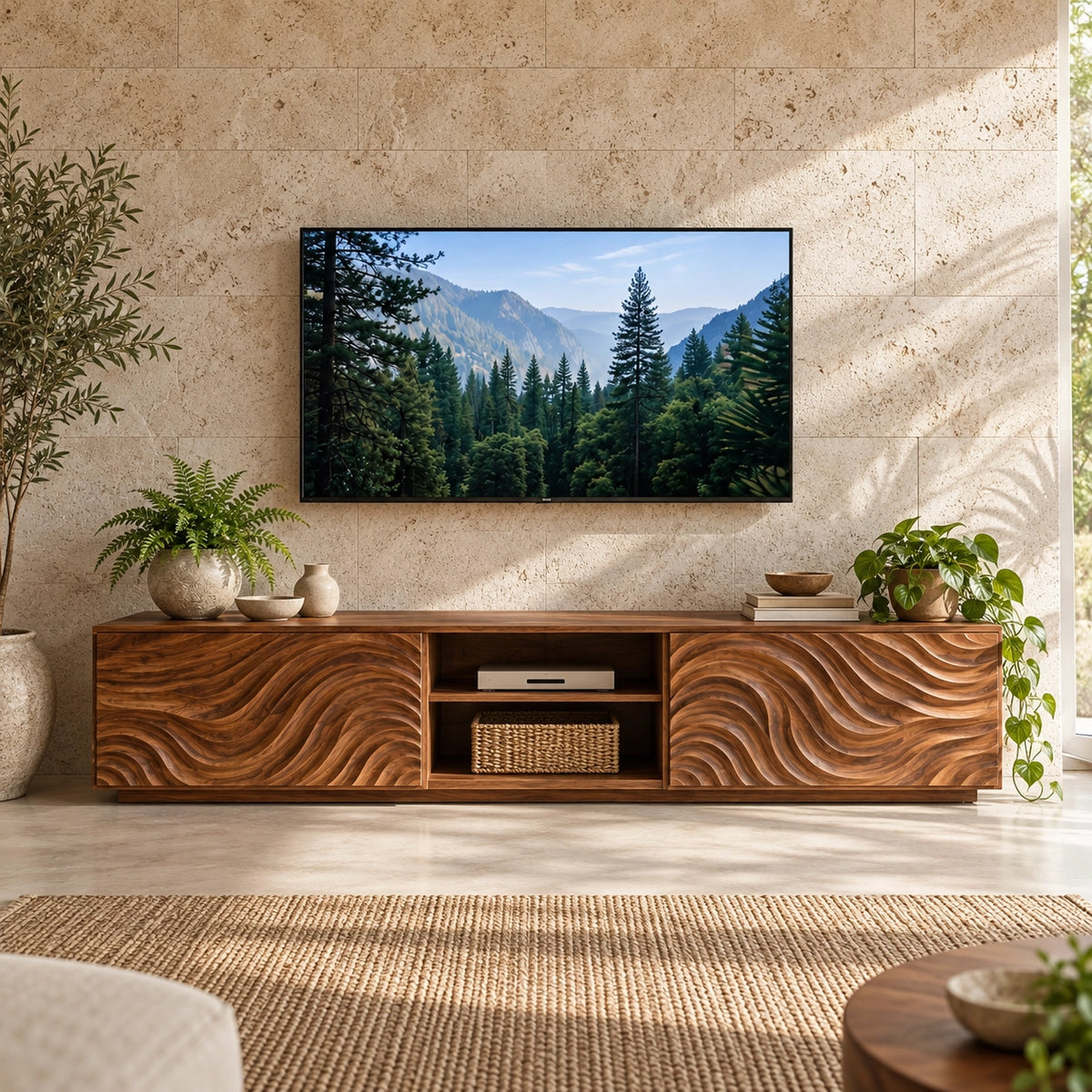 TV Stand with Wave-Carved Natural Solid Wood Storage Doors in Six Sizes - Woodenecho - 3