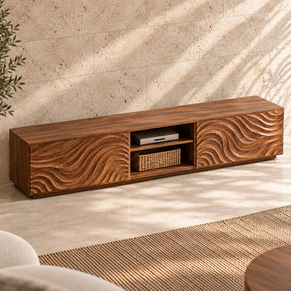 TV Stand with Wave-Carved Natural Solid Wood Storage Doors in Six Sizes - Woodenecho - 4