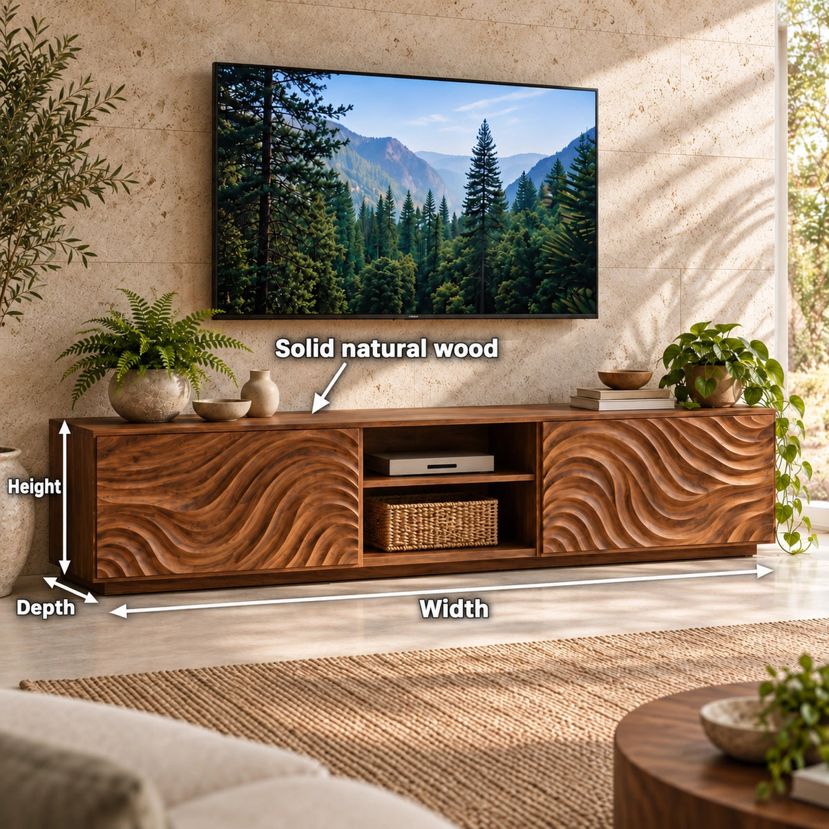 TV Stand with Wave-Carved Natural Solid Wood Storage Doors in Six Sizes - Woodenecho - 6