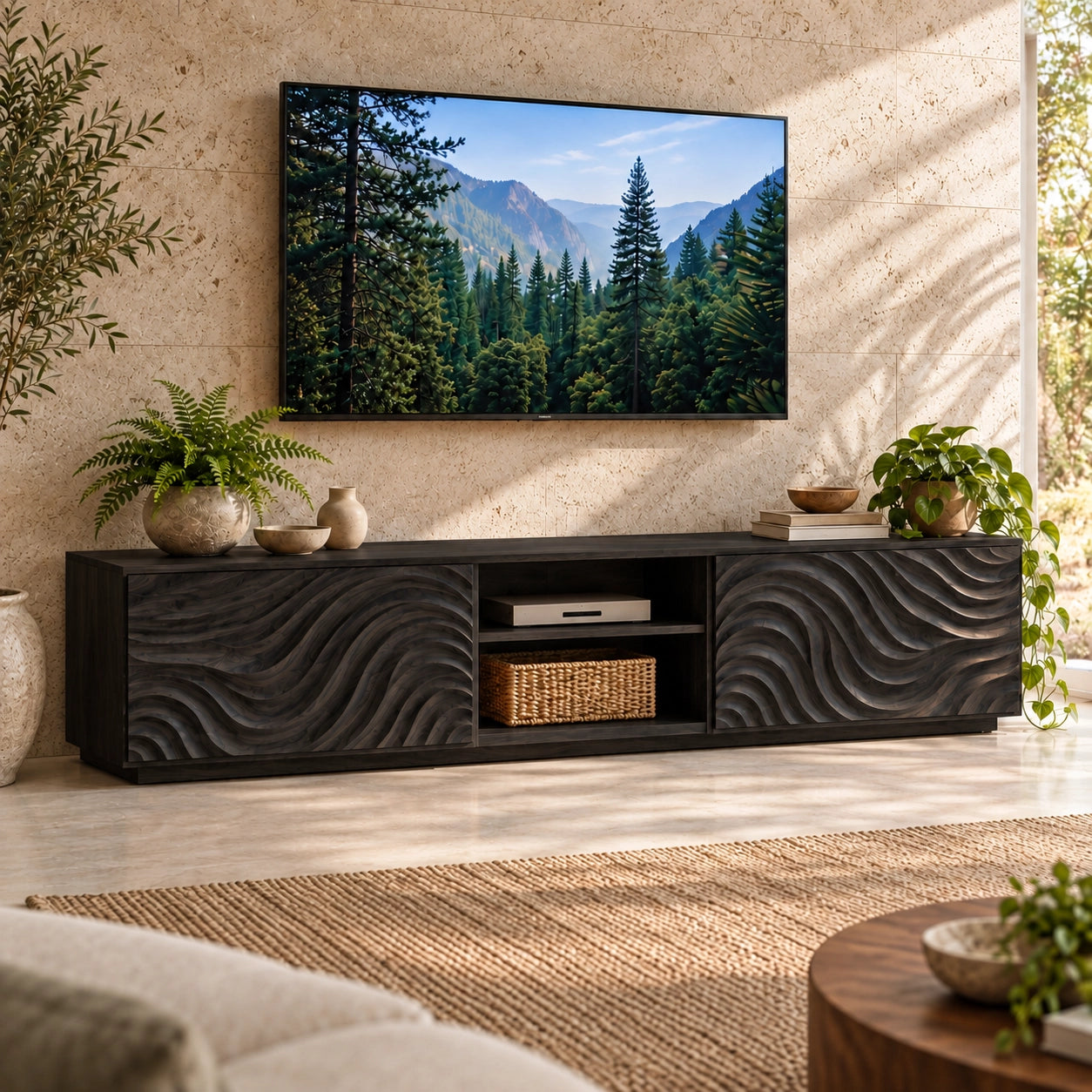 TV Stand with Wave-Carved Natural Solid Wood Storage Doors in Six Sizes - Woodenecho - 7