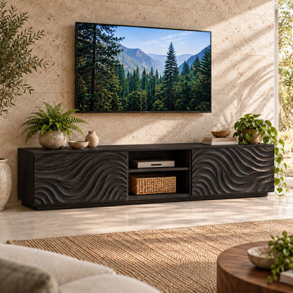 TV Stand with Wave-Carved Natural Solid Wood Storage Doors in Six Sizes - Woodenecho - 7