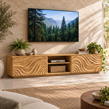 TV Stand with Wave-Carved Natural Solid Wood Storage Doors in Six Sizes - Woodenecho - 8