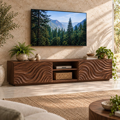 TV Stand with Wave-Carved Natural Solid Wood Storage Doors in Six Sizes - Woodenecho - 9