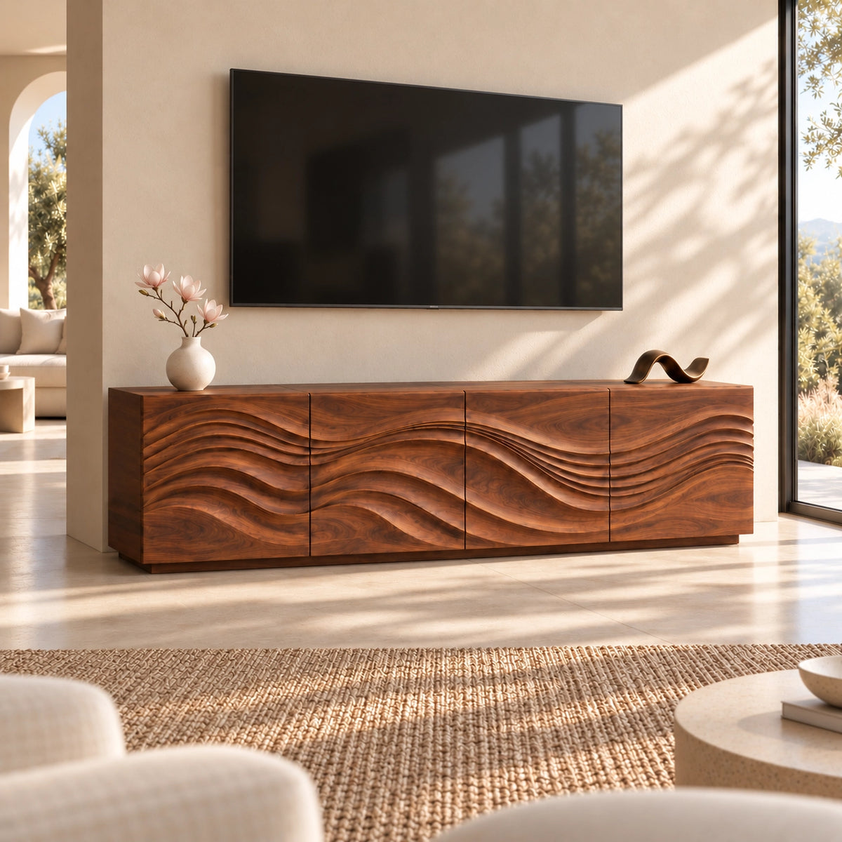 TV Stand with Wave-Carved Natural Solid Wood Storage in Six Sizes - Woodenecho - 1