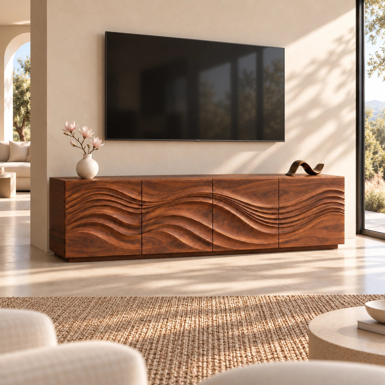 TV Stand with Wave-Carved Natural Solid Wood Storage in Six Sizes - Woodenecho - 1