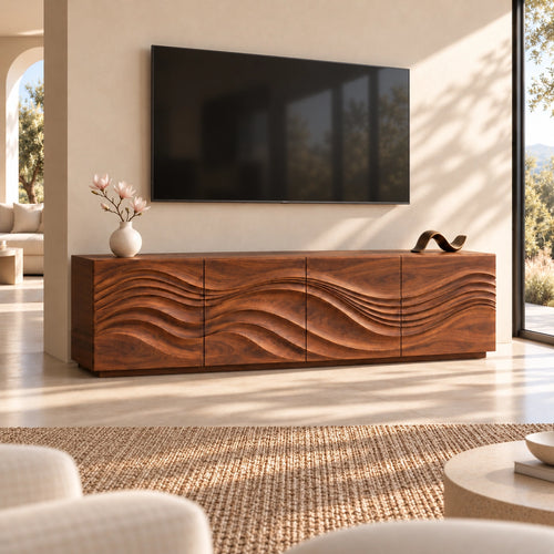 TV Stand with Wave-Carved Natural Solid Wood Storage in Six Sizes - Woodenecho - 1
