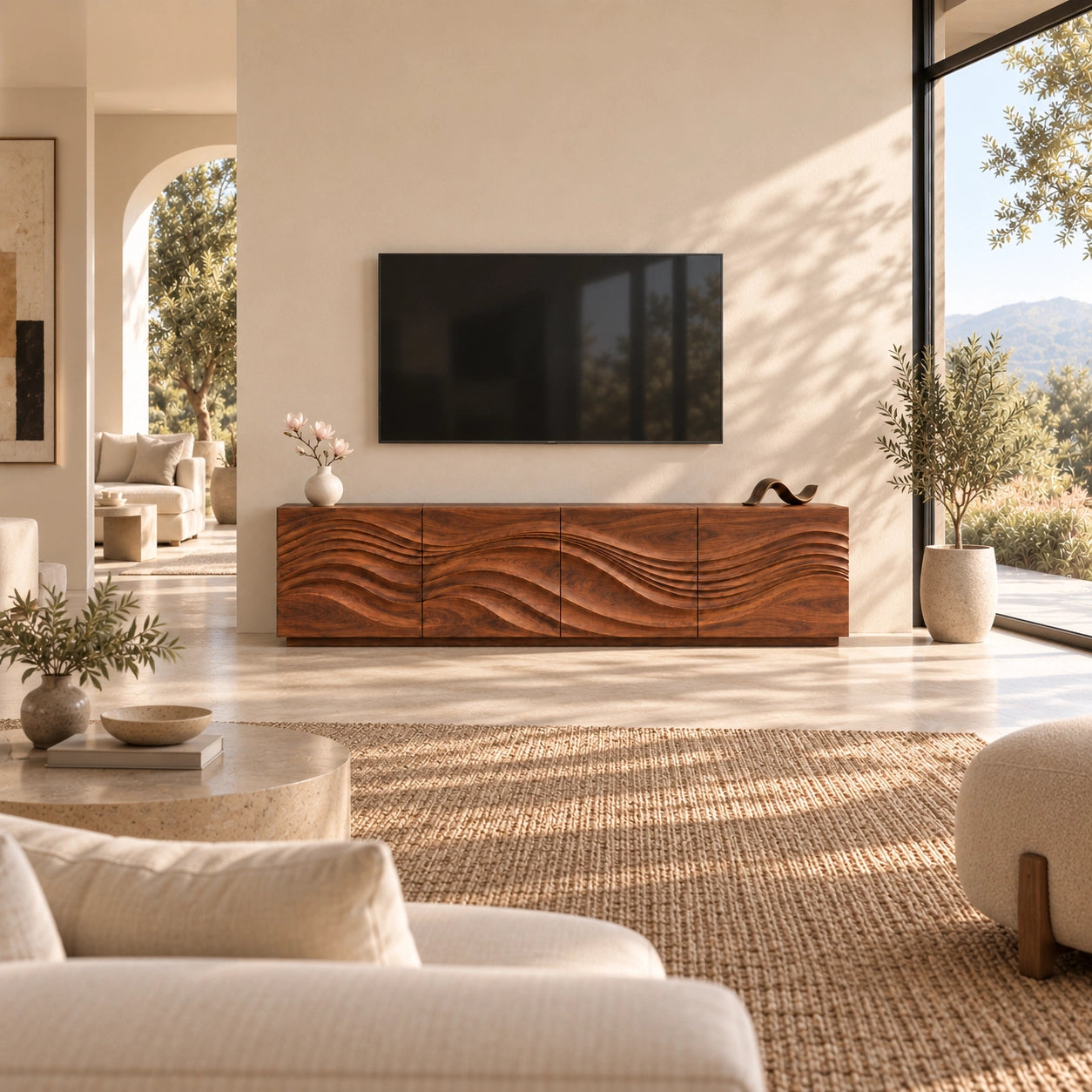 TV Stand with Wave-Carved Natural Solid Wood Storage in Six Sizes - Woodenecho - 2
