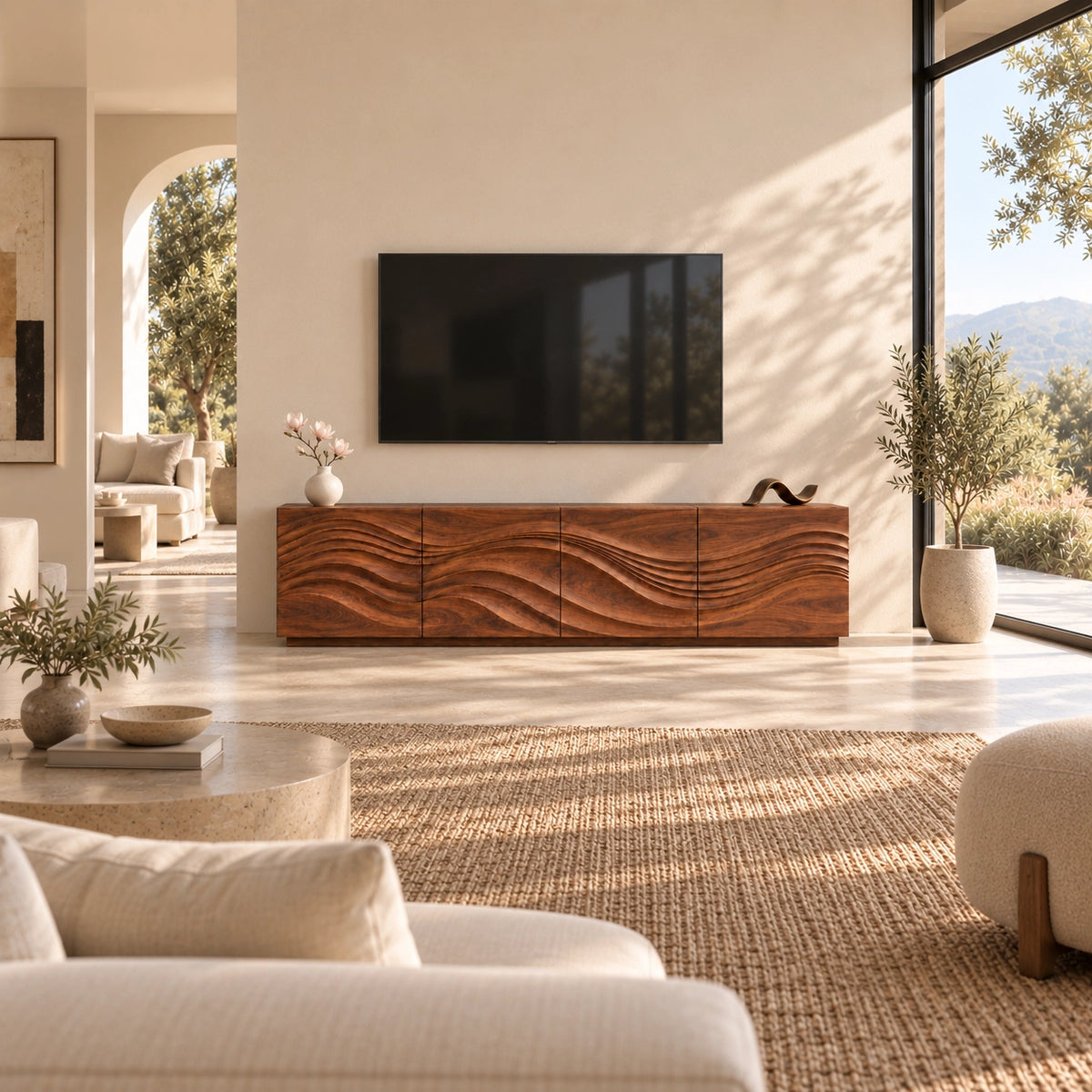 TV Stand with Wave-Carved Natural Solid Wood Storage in Six Sizes - Woodenecho - 2