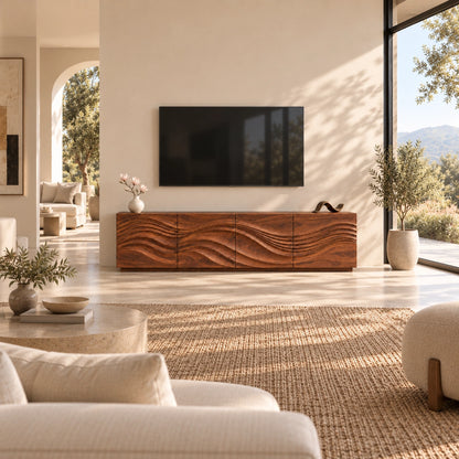 TV Stand with Wave-Carved Natural Solid Wood Storage in Six Sizes - Woodenecho - 2