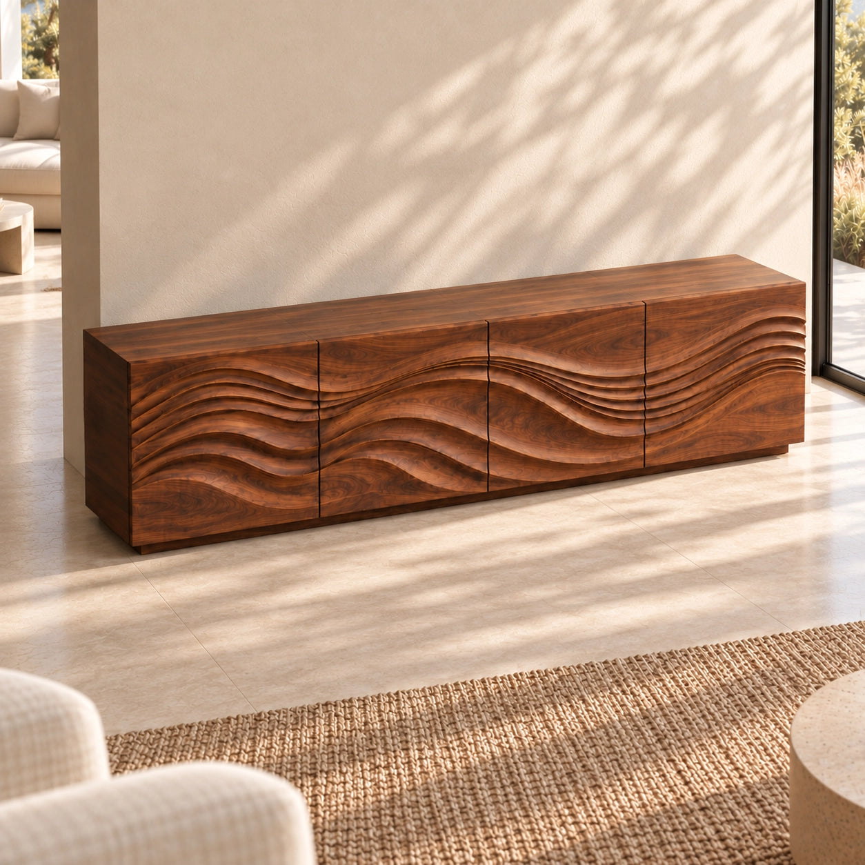 TV Stand with Wave-Carved Natural Solid Wood Storage in Six Sizes - Woodenecho - 4