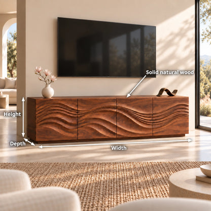 TV Stand with Wave-Carved Natural Solid Wood Storage in Six Sizes - Woodenecho - 6