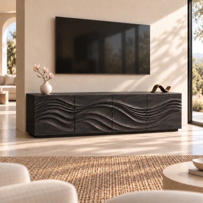 TV Stand with Wave-Carved Natural Solid Wood Storage in Six Sizes - Woodenecho - 7