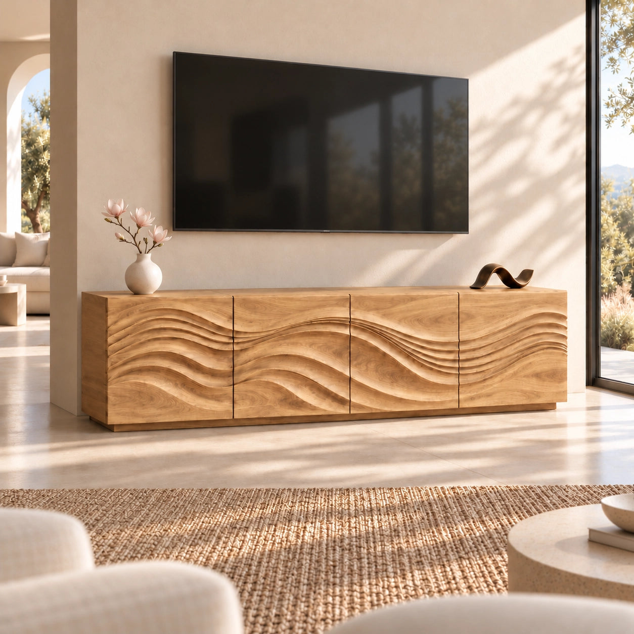 TV Stand with Wave-Carved Natural Solid Wood Storage in Six Sizes - Woodenecho - 8