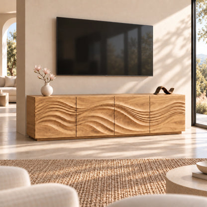 TV Stand with Wave-Carved Natural Solid Wood Storage in Six Sizes - Woodenecho - 8