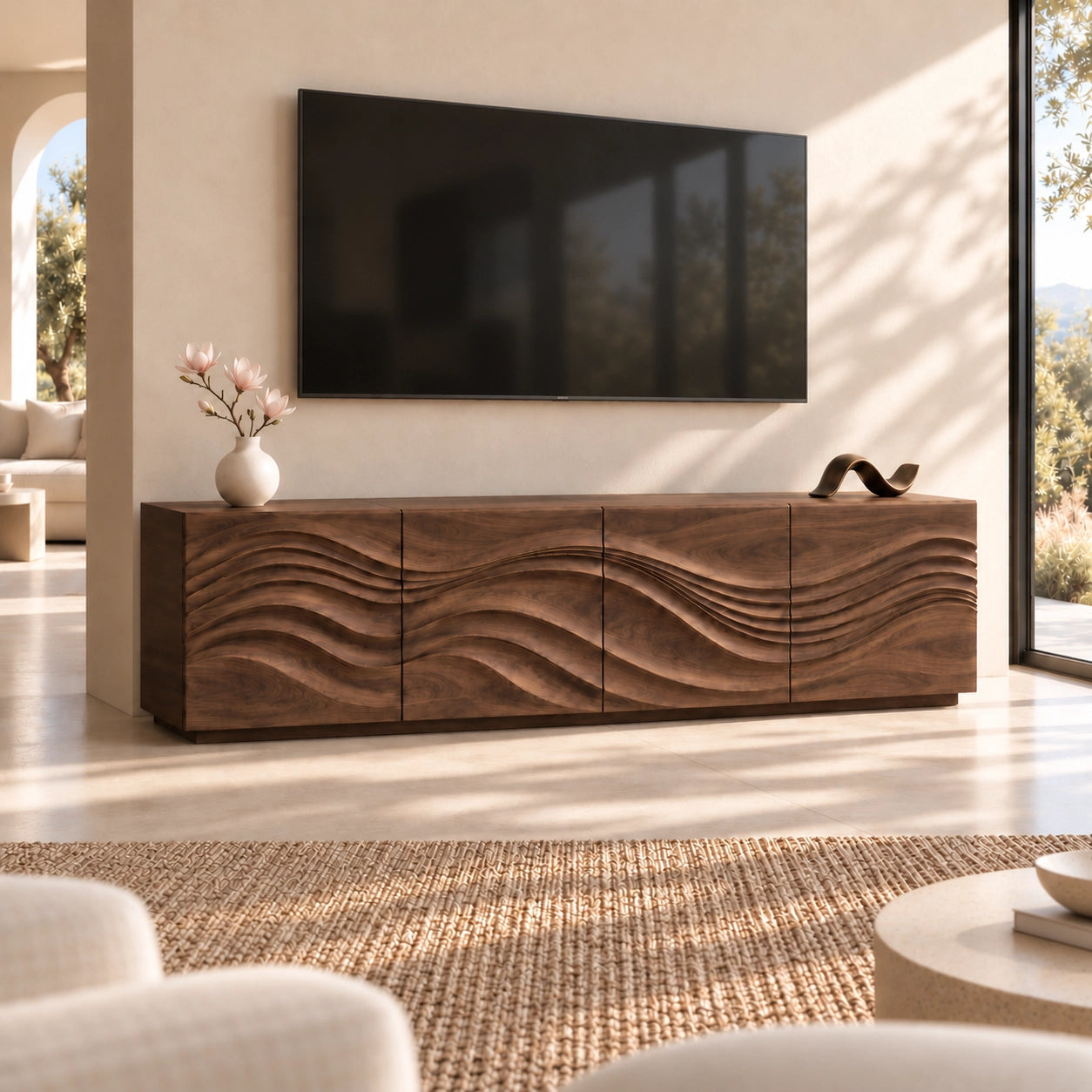 TV Stand with Wave-Carved Natural Solid Wood Storage in Six Sizes - Woodenecho - 9