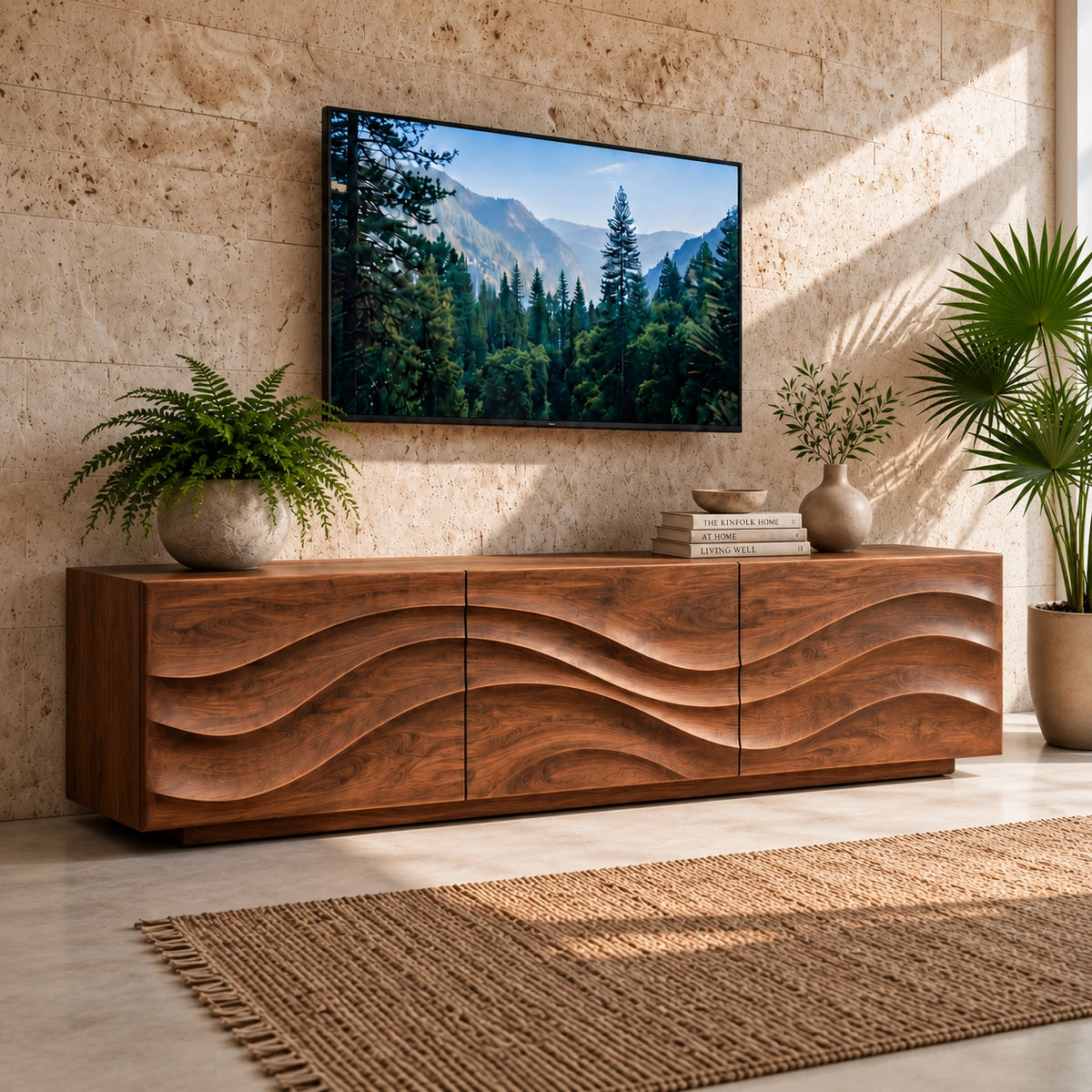 TV Stand with Wave-Carved Storage in Natural Solid Wood for Living - Woodenecho - 1
