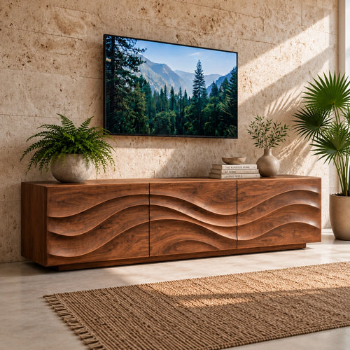 TV Stand with Wave-Carved Storage in Natural Solid Wood for Living - Woodenecho - 1