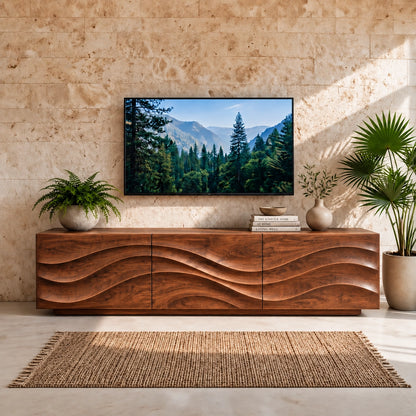 TV Stand with Wave-Carved Storage in Natural Solid Wood for Living - Woodenecho - 3