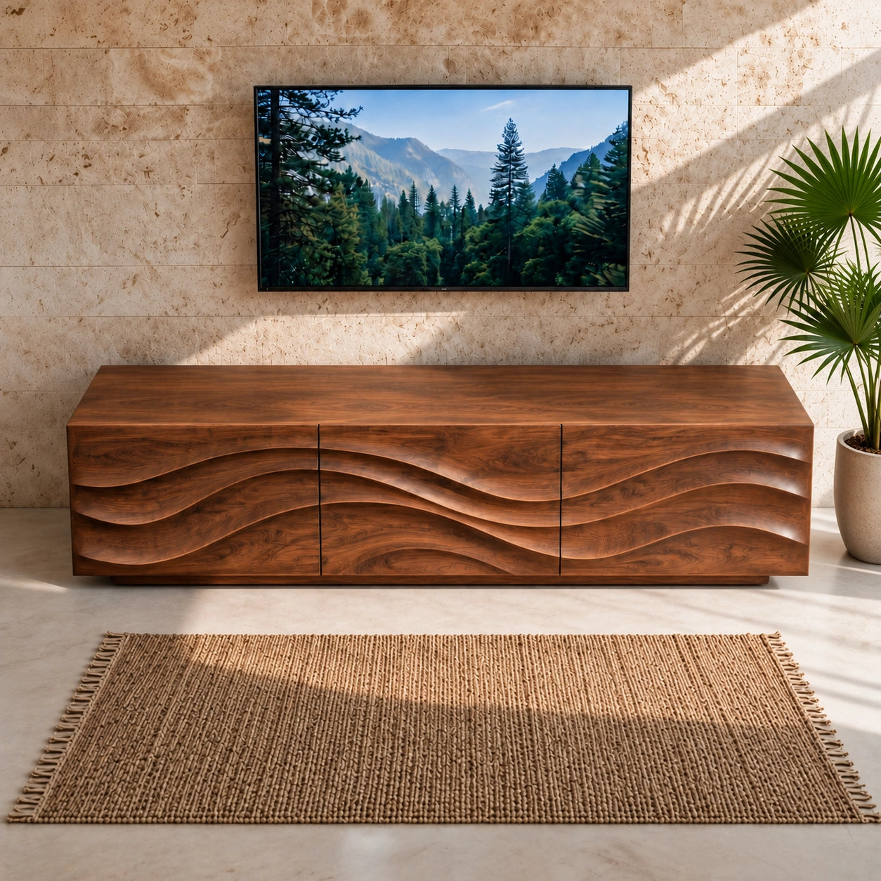 TV Stand with Wave-Carved Storage in Natural Solid Wood for Living - Woodenecho - 4