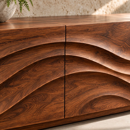 TV Stand with Wave-Carved Storage in Natural Solid Wood for Living - Woodenecho - 5