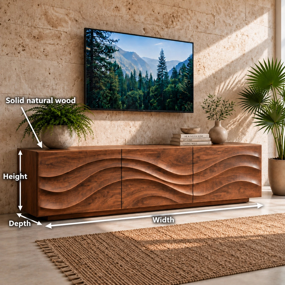 TV Stand with Wave-Carved Storage in Natural Solid Wood for Living - Woodenecho - 6