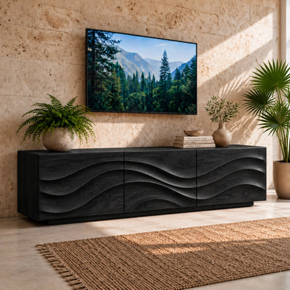 TV Stand with Wave-Carved Storage in Natural Solid Wood for Living - Woodenecho - 7