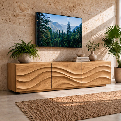 TV Stand with Wave-Carved Storage in Natural Solid Wood for Living - Woodenecho - 8