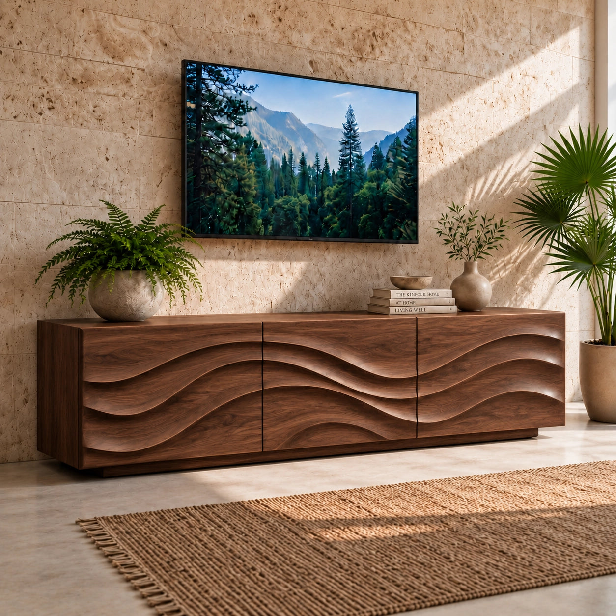 TV Stand with Wave-Carved Storage in Natural Solid Wood for Living - Woodenecho - 9